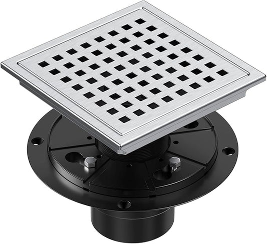 6 Inch Square Shower Drain Brushed with Removable Quadrato Pattern Grate, SUS 304 Stainless Steel Floor Drain with Flange