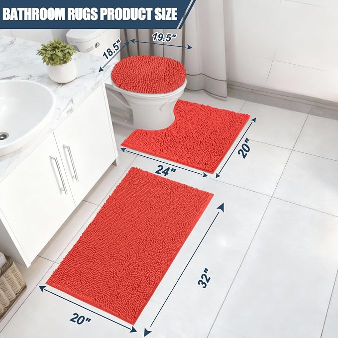Bathroom Rugs Sets 3 Piece with Toilet Seat Cover 19.5"x 18.5" | Machine Washable Bath Rug Set with Tpr Non Slip Rubber Backing Solid Bath Mat Set for Luxury Bathroom Decoration