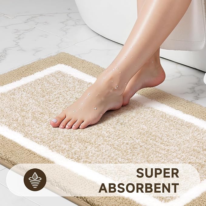 Pauwer Bathroom Rugs Sets 2 Piece, Non Slip Washable Bath Mat, Beige | Soft Plush Microfiber, Super Absorbent Floor Carpet, Quick Dry, Shaggy Shower Rug Runner