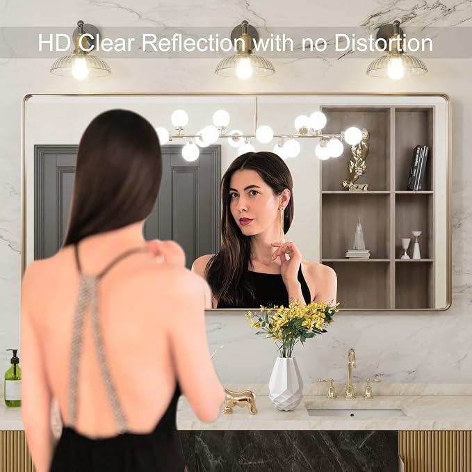 LOAAO 60”X30” Gold Bathroom Mirror, Rounded Rectangle Gold Frame Mirror, Brushed Gold Bathroom Vanity Mirror Wall-Mounted, Anti-Rust, Tempered Glass, Hangs Horizontally or Vertically | Rounded Rectangle, Brushed Gold Frame, Wall-Mounted, Anti-Rust, Tem...