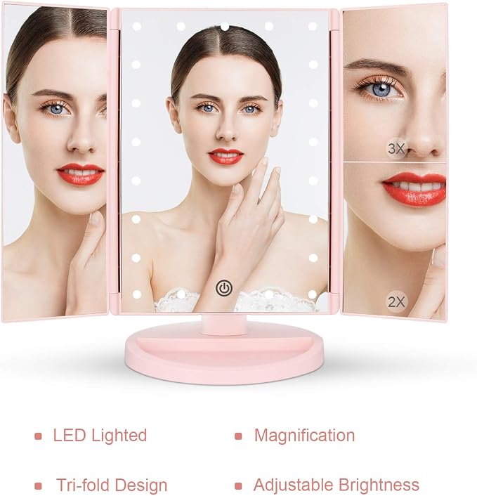 deweisn Tabletop Mount Tri-Fold Lighted Vanity Mirror with 21 LED Lights, Touch Screen and 3X/2X/1X Magnification, Two Power Supply Modes Make Up Mirror,Travel Mirror