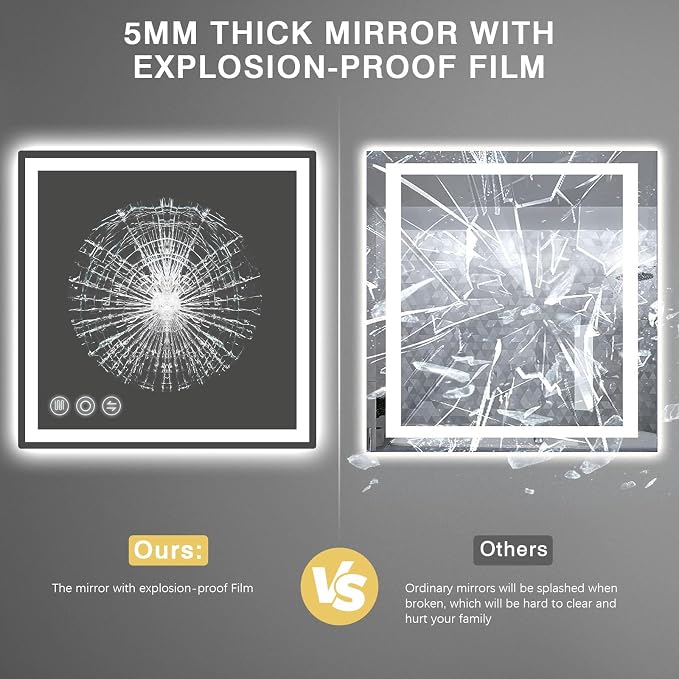 Memobarco 24" x 24" LED Bathroom Mirror with Lights, Memory Vanity Mirror | Anti-Fog, 3 Color Modes, Dimmable, Front Lit, Memory Function, Tempered Glass, Lighted Bathroom Mirror for Wall