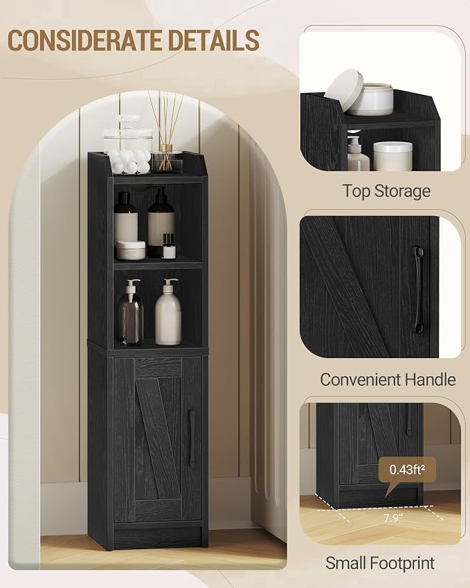 Hzuaneri Bathroom Storage Cabinet, Small Farmhouse Corner Floor Cabinet with Door and Shelves, Narrow Toilet Paper Holder Stand, Bathroom Organizer with Adjustable Shelf, for Small Spaces, Black