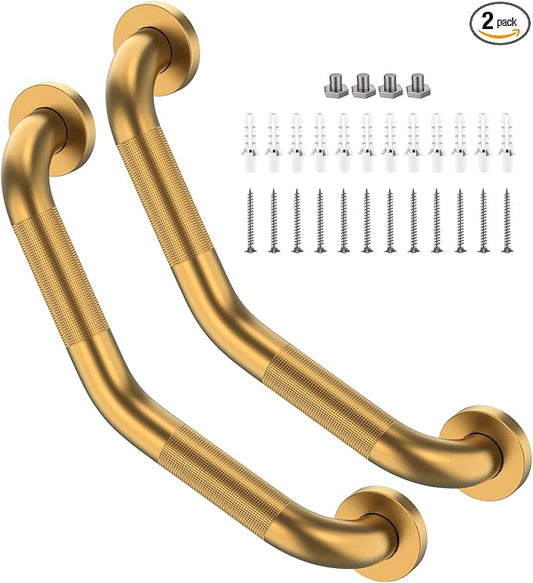 16 Inch Angled Grab Bar 2 Pack, ZUEXT Anti Slip Brushed Gold Shower Grab Bar, Stainless Steel Knurled Bathroom Balance Bar, Safety Hand Rail Support,Handicap Elderly Injury Senior Assist Bath Handle