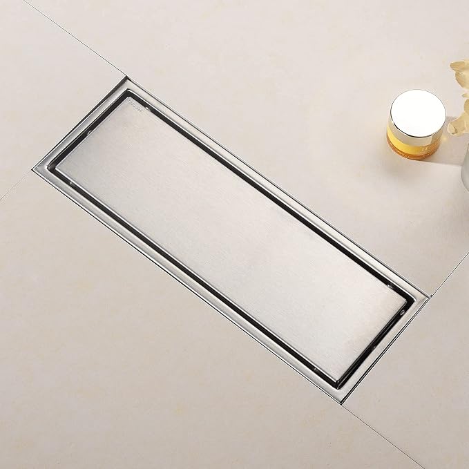 12 Inch Brushed Nickel Linear Shower Drain Pipe with Tile Insert Grille, Removable Hidden Cover, SUS304 Stainless Steel Rectangular Floor Drain