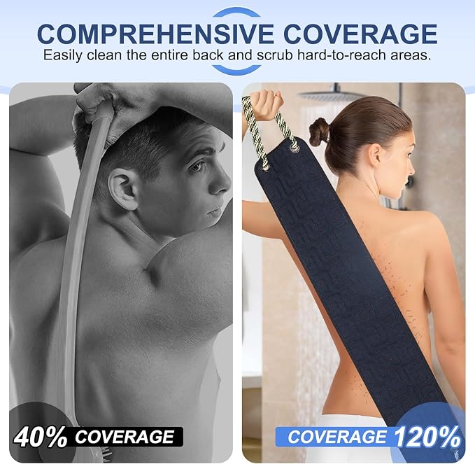 38 Inch Exfoliating Back Scrubber for Shower, Back Washer, Black | Dual Handles Wider Bath Exfoliator, Full Back Coverage without Straining, Dual-Sided for Deeper Cleansing, Men & Women Acne