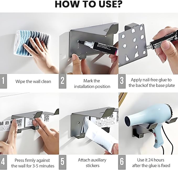 Stainless Steel Hair Dryer Holder Wall Mounted Blow Dryer Organizer with Hooks & Plug Cord Organizer Adhesive for Bathroom Cabinet (Grey)
