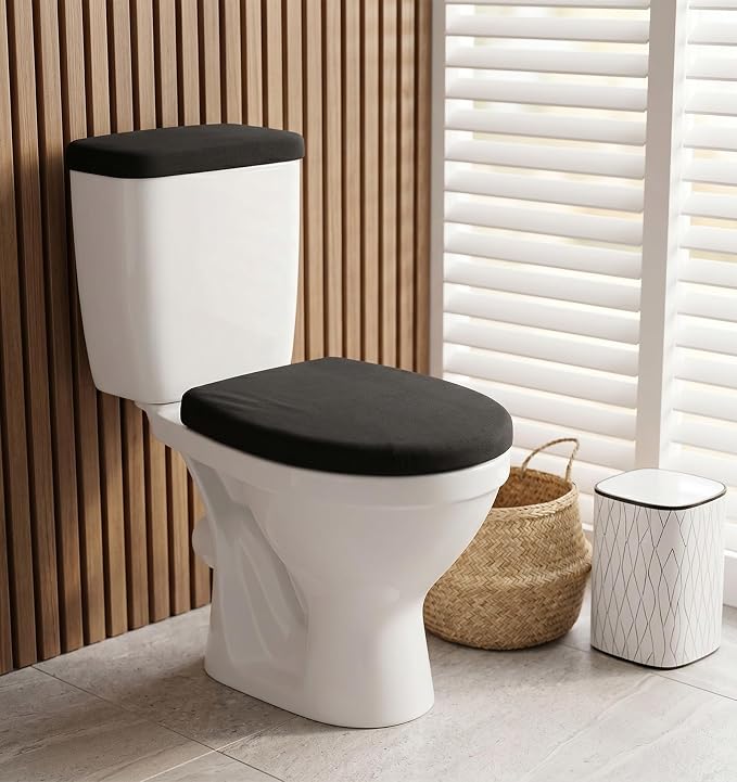 2 PCS Black Toilet Seat Cover Set, Soft Velvet Black Toilet Cover & Nylon Tank Cover with Elastic Bottom, Machine Washable Bathroom Accessories