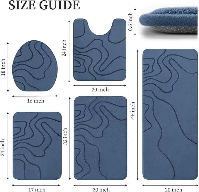 Memory Foam Bathroom Rugs Sets 5 Piece, Ultra Soft Bath Mat, Dusty Blue | Ultra Soft, Extra Thick Bath Mat, Absorbent, Non-Slip, Machine Washable, For Tub, Shower & Home Decor Accessories