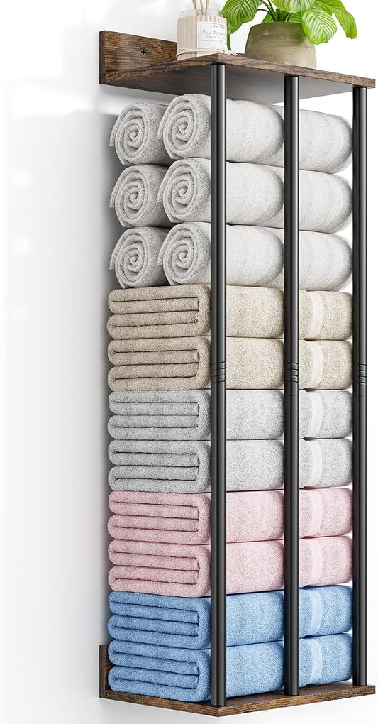 Towel Racks for Bathroom Wall Mounted with Wooden Storage Shelf | Updated 3 Bar Metal Towel Holder for Rolled Towels, Rustic Sturdy and Large Capacity, Towel Storage Organizer