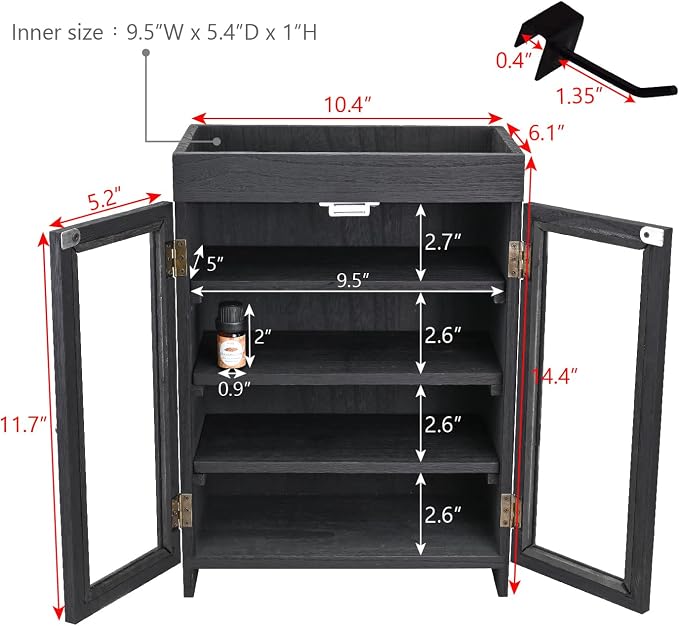 Ikee Design Small Wooden Countertop Storage Cabinet with Adjustable Shelves and Removable Hooks, Perfect for Perfume, Pantry, Essential Oil, 10.4W x 6.1D x 14.4H in, Black