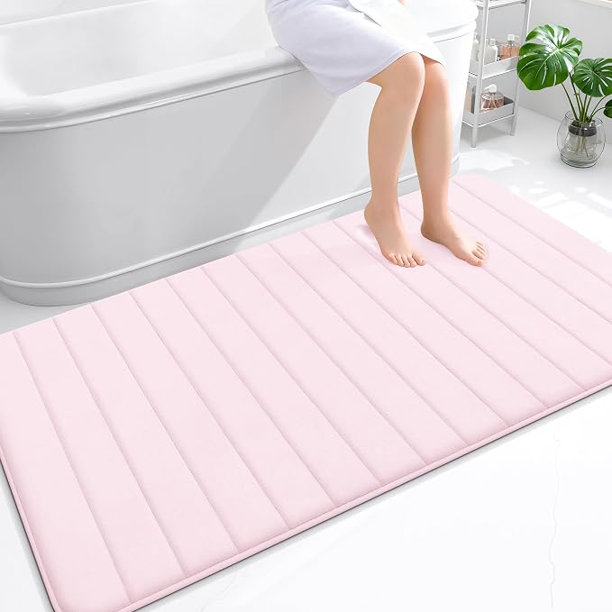 OLANLY Memory Foam Large Bath Mat 59x34, Super Soft Absorbent Bathroom Rugs | Pink, Quick Dry Bath Rug, Machine Washable Shower Floor Mats, Bathmat Carpet for Bathroom Floor, Tub and Shower