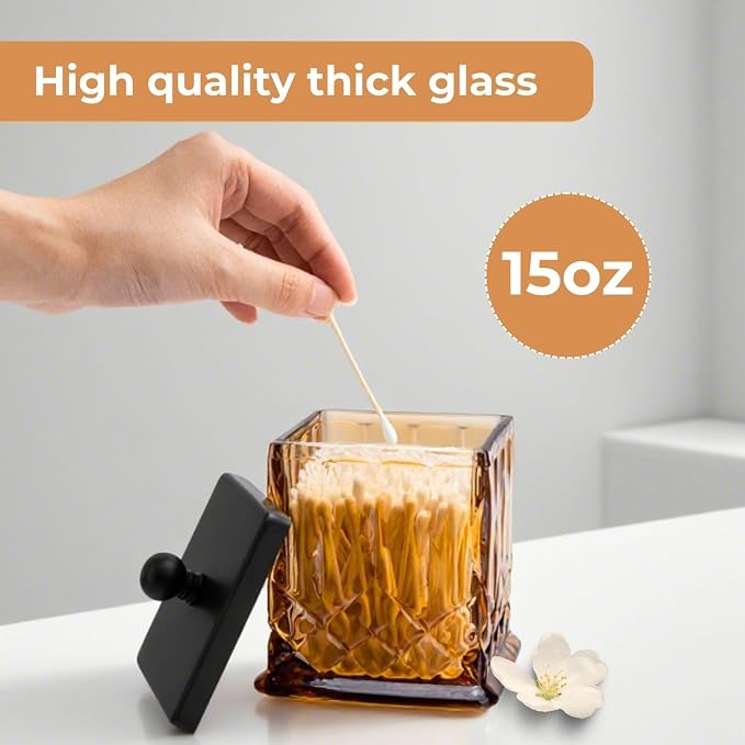 15Oz Amber Glass Q-Tip Holder, Thick Glass & Matte Black Lid | Square Design, for Q-Tips, Cotton Pads, Jewelry, Candy, Square