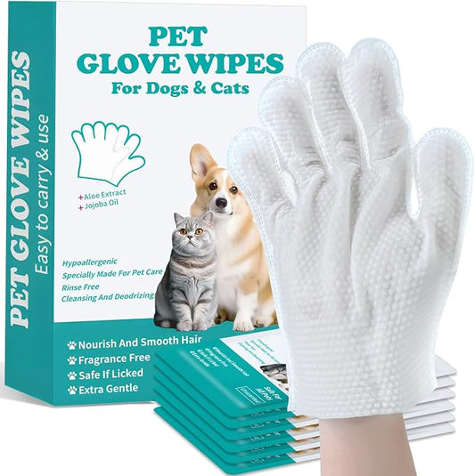 Pet Glove Wipes for Dogs and Cats, Dog Washing Gloves, Individually Wrapped | Cat Bathing Wipes, Moisture-Rich Thickened, Cleaning & Deodorizing, Hypoallergenic, Rinse Free for Grooming and Travel
