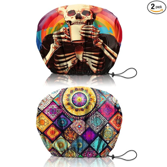 2 PCS Shower Cap Reusable Waterproof Double Layers Hair Caps Shower Bath Adjustable Elastic Hat for Women Girls Cute Aesthetic-Skeleton Mandela