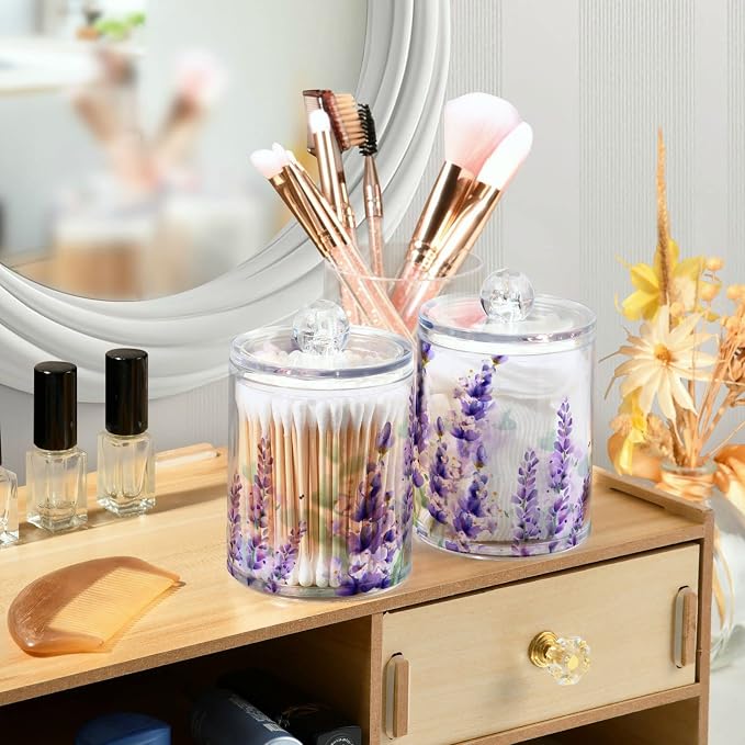 4 Pack Qtip Holder Dispenser Purple Lavender Cotton Ball Cotton Swab Round Pads Floss Clear Bathroom Storage Containers Plastic Apothecary Jars with Lids