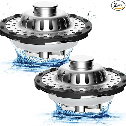 2PCS Universal Metal Bathtub Drain Stopper, with Top Hair Catcher, Chrome | Shower Drain Tub Stopper with Stainless Steel Visible Filter Basket, Upgraded 3 in 1 Pop-up Drain Plug for 1.5 to 2.4" Hole