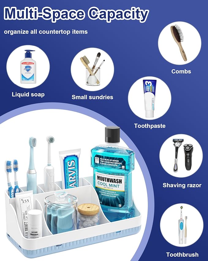 Bathroom Counter Organizer and Storage, 7 Slots Detachable Toothbrush Holders for Bathrooms, Anti-Slip Electric Toothbrush and Toothpaste Holder Countertop Vanity Organizer Accessories for Adults Kids