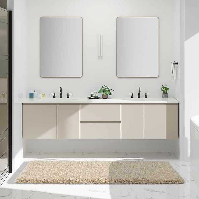 Yimobra Luxury Bathroom Rugs, Fluffy Bath Mats, Non Slip, Water Absorbent Microfiber, Machine Washable, Plush Runner Shower Rugs, Thick Matts for Bathroom Floor/Tub, 70" X 24", Light Beige and White