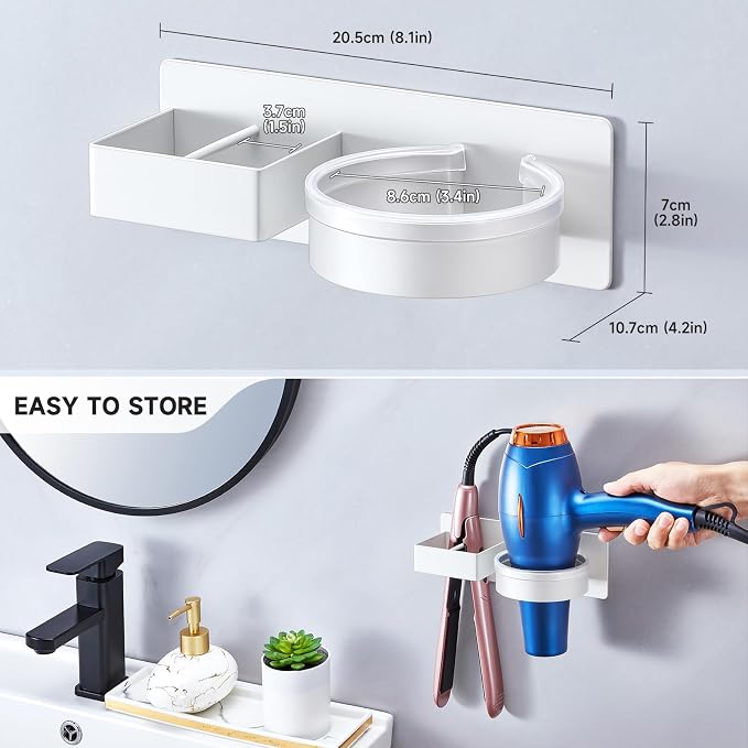 Hair Dryer Holder Wall Mounted, Hair Straightener Holder, Blow Dryer Holder Adhesive, Hair Tool Organizer for Flat Iron, Hairdryer, Curling Iron Holder for Bathroom Vanity Barber Shop (White)