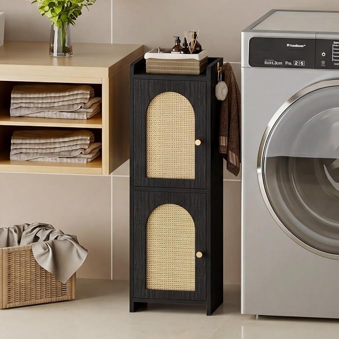 Rattan Bathroom Storage Cabinet,Corner Floor Cabinet with 2 Doors and Adjustable Shelf, Narrow Toilet Paper Cabinets with 2Hooks,Toilet Organizer for Small Spaces,7.87"D*9.84"W*29.72"H（Black）