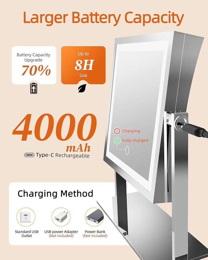 Ruacq Makeup Mirror with Lights, Dual Sided 1X/10X, Chrome | 8",4000mAh Rechargeable, Magnifying Mirror with 3 Color Lights,Touch Control Dimmable, 360° Rotation, Square, Gift for Women