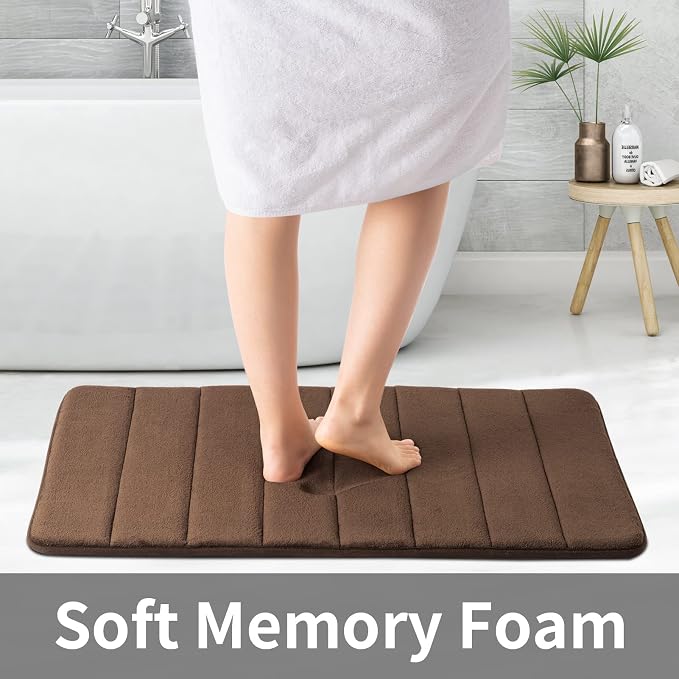 ROSMARUS Memory Foam Bath Mat, 20''x32'', Brown | Water Absorbent, Ultra Soft, Non Slip, Thick Foam, Bathroom Rugs for Floor & Tub, Machine Washable Care