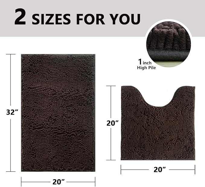 BOANKODU Bathroom Mat Sets 2 Piece, Absorbent Non-Slip Very Soft Chenille Mat, 32x20 Inch + 20x20 Inch U Shape, Machine Washable (Coffee)
