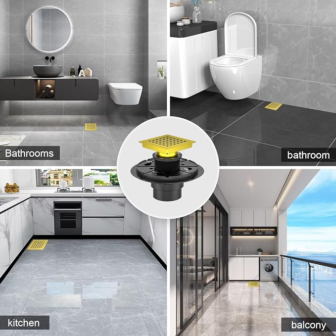 Shower Drain Brushed Gold 4-3/8 Inch, Square Floor Drain, Stainless Steel Bathroom Drain Kit with ABS Flange, Removable Grid Cover, Hair Strainer