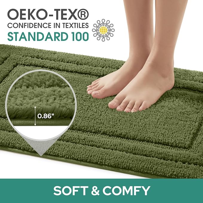 HOMEIDEAS Olive Green Bathroom Rugs Set of 3, Non Slip Bath Mats | Super Absorbent, Plush Microfiber, Machine Washable, Stain Resistant, Easy Care, Perfect for Modern Bathroom Decor