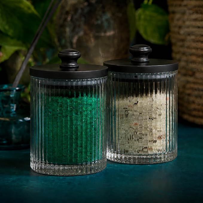 Mason & Fable Ribbed Glass Bathroom Jars | Set of 2 Farmhouse Style Storage Canister with Airtight Black Wooden Lids | Cotton Pad/Swab/Q tip Holder/Bath Salt/Clear Vanity