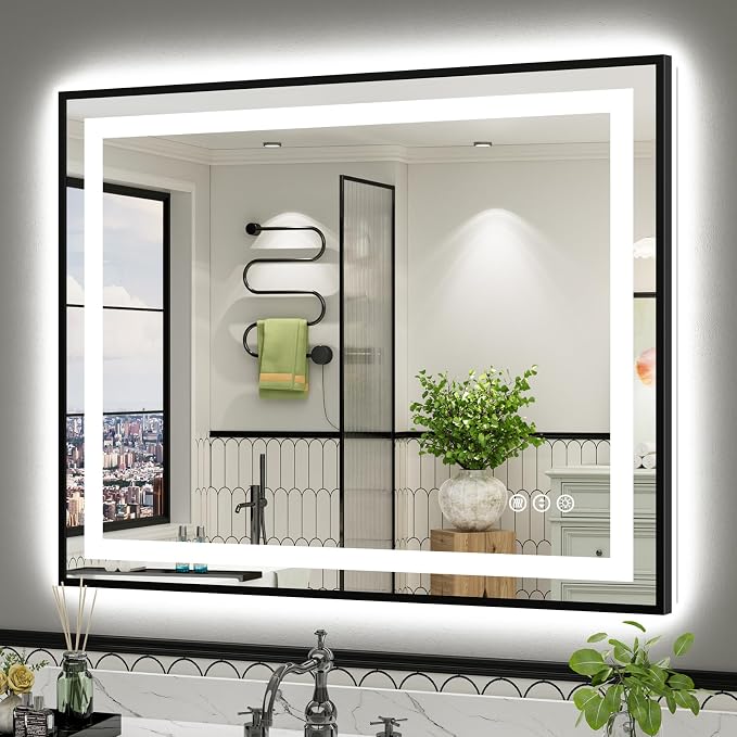 44x36 Inch LED Bathroom Mirror with Black Frame, Backlit & Front Lit | Anti-fog, 3 Color Dimmable, Memory Function, HD Reflection Tempered Glass, ETL Listed, IP54 Waterproof
