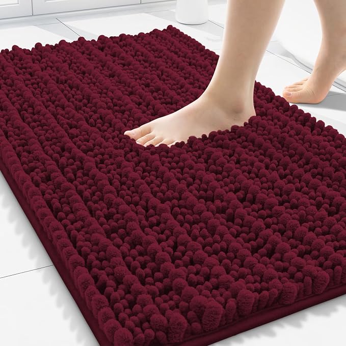Smiry Bathroom Rugs 30X20, Extra Soft Rubber Backing Chenille Bath Mats | Burgundy Machine Washable Non Slip Quick Dry Bath Mats for Bathroom Floor, Tub, Shower, Home Decor Accessories