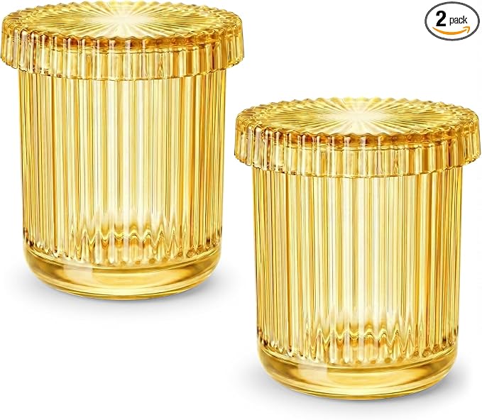 2 Pack Qtip Holder - Apothecary Jars with Lids, Bathroom Organizers and Storage Canister for Cotton Balls,Swabs,Floss Picks,Hair Ties,Clear Glass Vintage Bathroom Decor Jar Set (yellow)