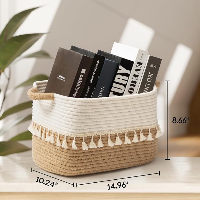 TeoKJ Woven Storage Bin Set of 3, Cotton Rope Basket for Storage, Clothes Boho Basket Bin for Organizing, Fabric Basket for Books, Plants, Pet Treats, White & Jute