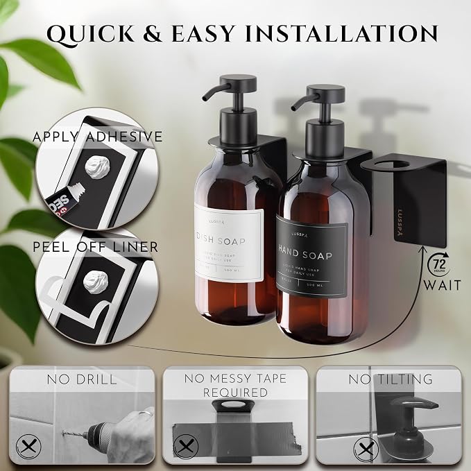 Shower Shampoo Dispenser Wall Mounted – 3 Refillable 16.9 oz Amber Bottles with Stainless Steel Pumps & No-Drill Adhesive Holders – Soap Dispenser Set for Bathroom (3 X Amber/Black)