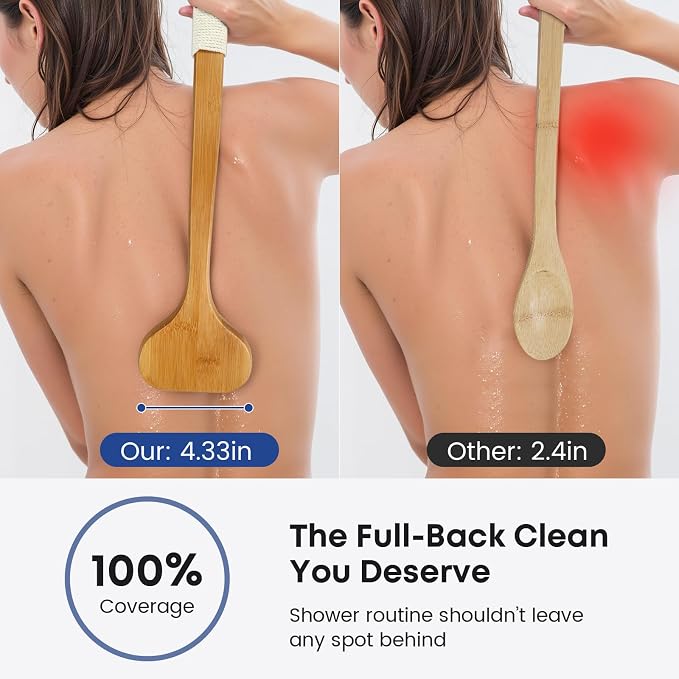 eaxun 17.3 Inches Bamboo Back Scrubber with Curved Long Handle for Shower | Exfoliating Shower Brush with Natural Boar Bristles for Men and Women, Anti-Slip Grip Back Washer for Bath or Dry Brushing