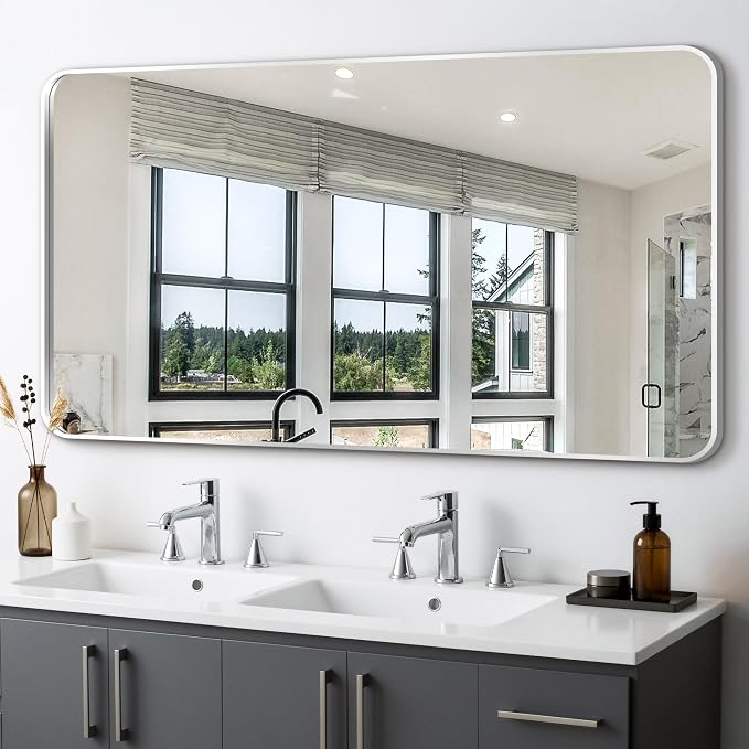 Delma Bathroom Vanity Mirror, Silver Framed Mirror for Over Sink, 50x30 | HD glass, distortion-free for makeup and grooming, Sturdy frame, all mounting hardware, hangs horizontal or vertical