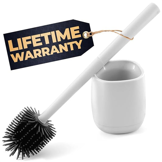 Toilet Brush and Holder Set - Silicone Toilet Bowl Brush with White Holder Base, Compact Bath Accessory for Small Spaces - Easy to Place and Simple to Store After Use, Plastic Bathroom Cleaning Tool