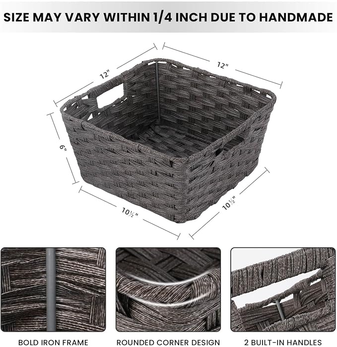 Onlytak Wicker Storage Baskets, Baskets for Shelves, Toilet Paper, Woven Storage Baskets for Organizing, Dark Grey, 12" x 12" x 6", 2-Pack