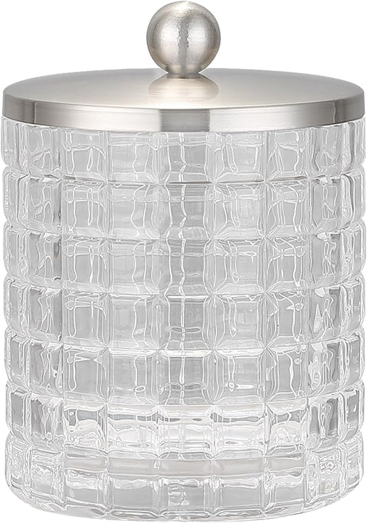 Clear transparent Apothecary Etched Geometric Grid Glass Jar W/Satin Nickel Metal Lid Cover for Bathroom Organization, Cotton Balls, Q Tips, and Small Accessories, Bathroom Storage