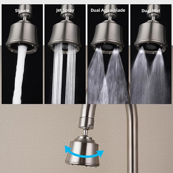 iFealClear Kitchen Sink Faucet Head, 360° Faucet Sprayer Attachment for Kitchen Faucet, Large Angle Faucet Aerator 55/64-27UNS, 2 Metal Swivel Joints, 4 Spray Modes, Metal Adapter, Brushed Nickel
