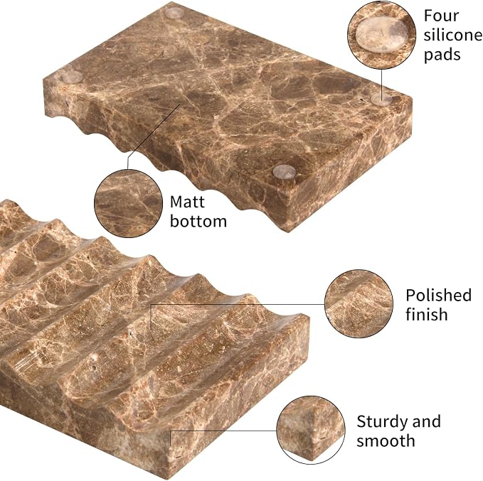 Luxury Marble Soap Dish Tray,Rectangle Stone Marble Soap Tray,Self Draining Soap Holder for Bathroom, Kitchen (Light Brown)