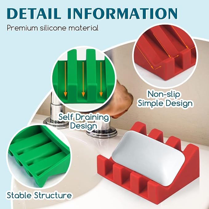 Self Draining Silicone Soap Dish Holder Waterfall Tray, 2 Pack Red Green | Waterfall design drains fast to keep soap dry, non-slip silicone base anti slide, soap saver for bathroom & kitchen