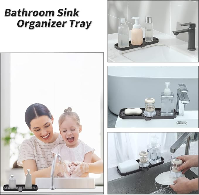 MicoYang Silicone Soap Dish with Drain Spout — Self-Draining Double Sink Organizer Tray for Kitchen & Bathroom, Dispensers, Sponges & Soap Holder, Non-Slip & Dishwasher Safe, Coffee (Large, 12"×4")