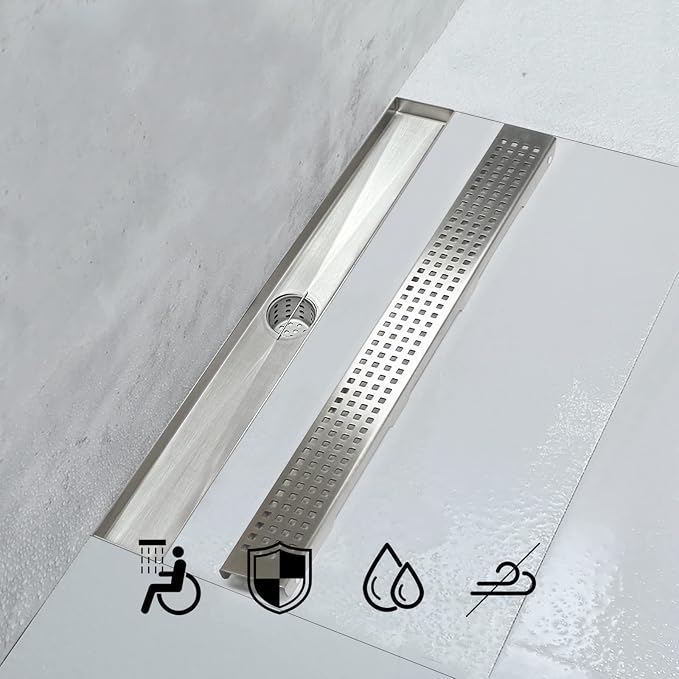 Linear Shower Drain, Shower Drain 24 inch with Removable Grate Cover, Professional AISI 304 Stainless Steel Shower Floor Drain, Linear Drain with Hair Catcher and Leveling Feet