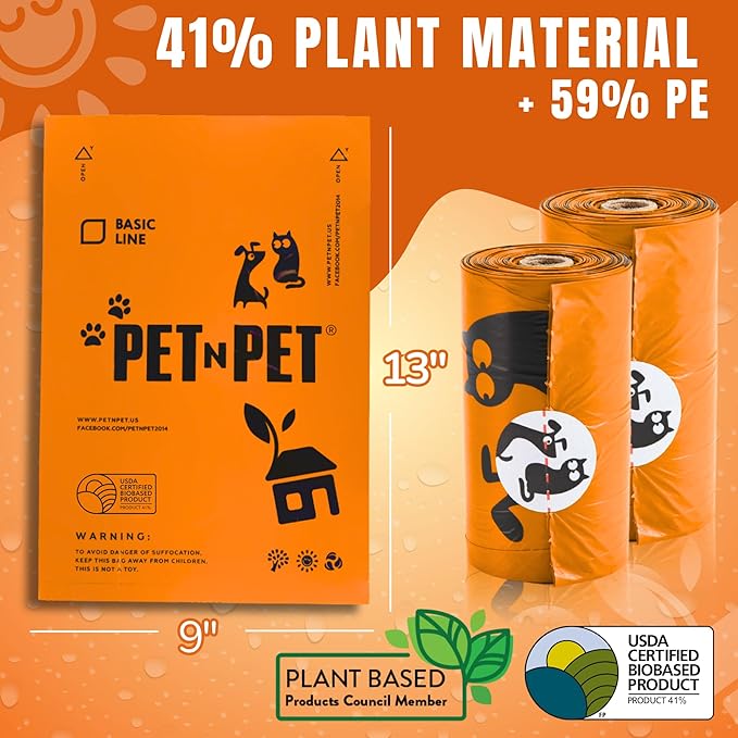 Pet N Pet Poop Bags for Dogs, 1080 Count, Plant Based, Unscented, Orange | 41%, 59% PE, Extra Thick, 9 x 13, Waste, Leak-Proof, Tear-Resistant, Easy-Tear Design, Durable, Reliable, dog waste bags