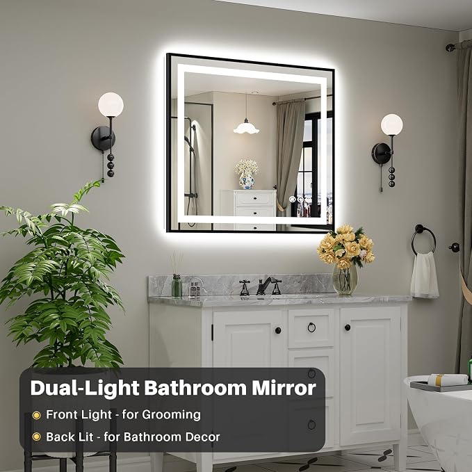 40x36 Inch LED Bathroom Mirror with Black Frame, Backlit & Front Lit | Anti-fog, 3 Color Dimmable, Memory Function, HD Reflection Tempered Glass, ETL Listed, IP54 Waterproof