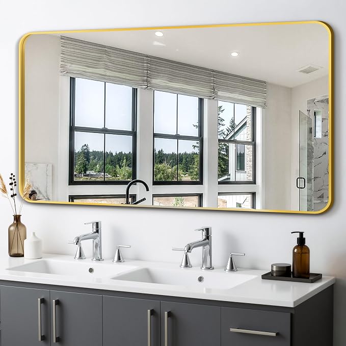 Delma Bathroom Vanity Mirror, Gold Framed Mirror for Over Sink, 50x30 | HD glass, distortion-free for makeup and grooming, Sturdy frame, all mounting hardware, hangs horizontal or vertical