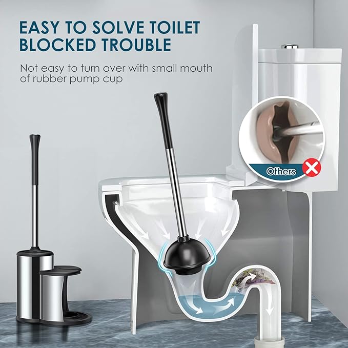 HAMITOR Toilet Plunger Bowl Brush Set: Hideaway Heavy Duty Toilet Plunger Scrubber Cleaner Holder Combo for Bathroom with Covered Caddy Hidden Elongated Discreet Apartment Plunger Brush Accessories